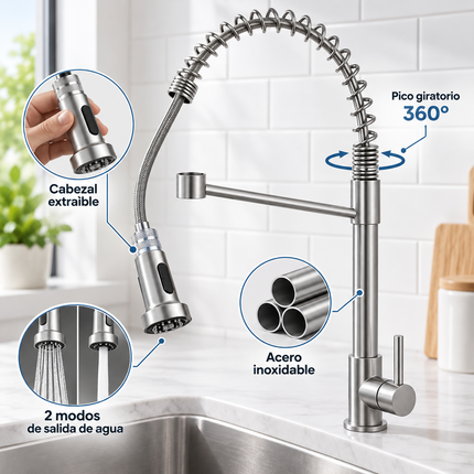 Canilla De Acero Inoxidable Para Cocina Pico Giratorio 360° Gris