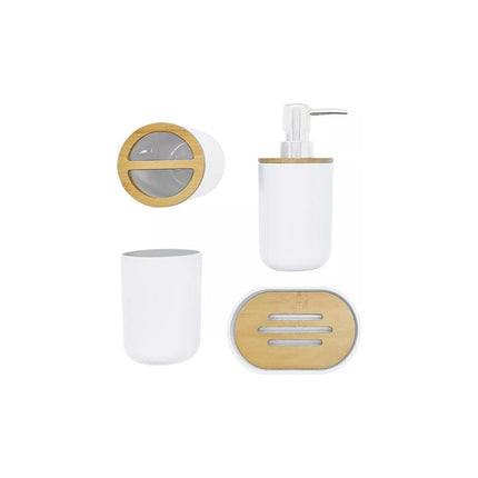 Dispensador Jabon Baño 4 Piezas Bambu Jabonera Porta Cepillo Blanco