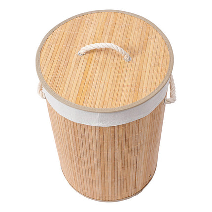 Cesto Para Ropa Sucia En Bambu Cilindrico Con Tapa Beige