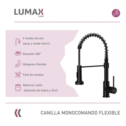 Canilla Monomando Lavaplatos Flexible Griferia Negro Negro