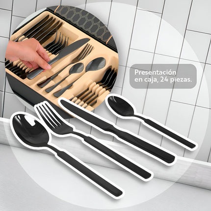 Cubiertos Metalicos 24pz Caja Organizadora Lh-3778 Negro
