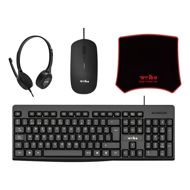 Combo De Oficina Teclado, Mouse, Auricular Y Mousepad Negro