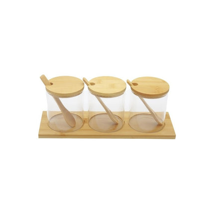 Condimentero De Vidrio Y Bambú Con Cuchara X3 Con Bandeja, V