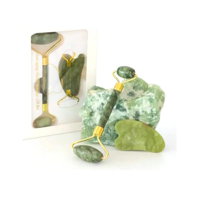 Rodillo Facial Masajeador Surcado Jade + Piedra Gua Sha  Verde