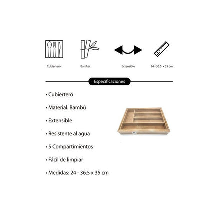 Cubiertero Para Cajón Organizador Extensible Bambú Extensibl Madera