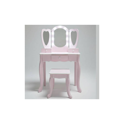 Mueble Tocador Infantil De Madera Con Luces Y Banco Rosa