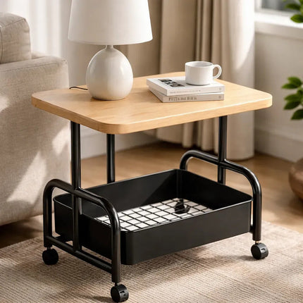 Mesa Con Estante Y Rueditas - Mesa Auxiliar Mesa Ratona Negro Y Madera