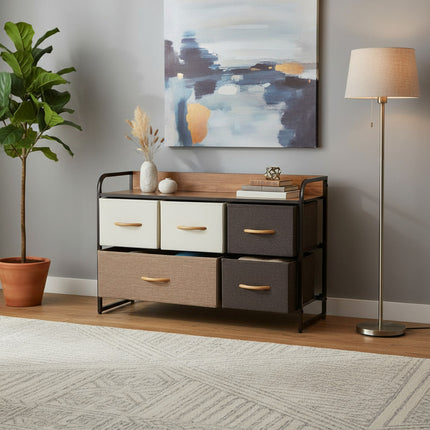 Mueble 5 Cestos Tela Estructura Acero 87.5x29x58cm Marrón