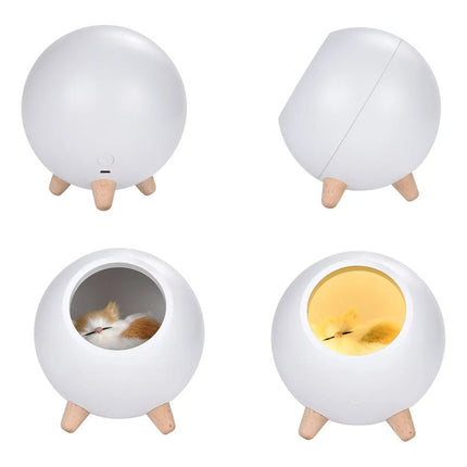 Lampara Veladora Gato Recargable Blanco Con Base De Madera Blanco