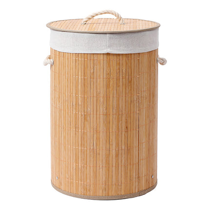 Cesto Para Ropa Sucia En Bambu Cilindrico Con Tapa Beige