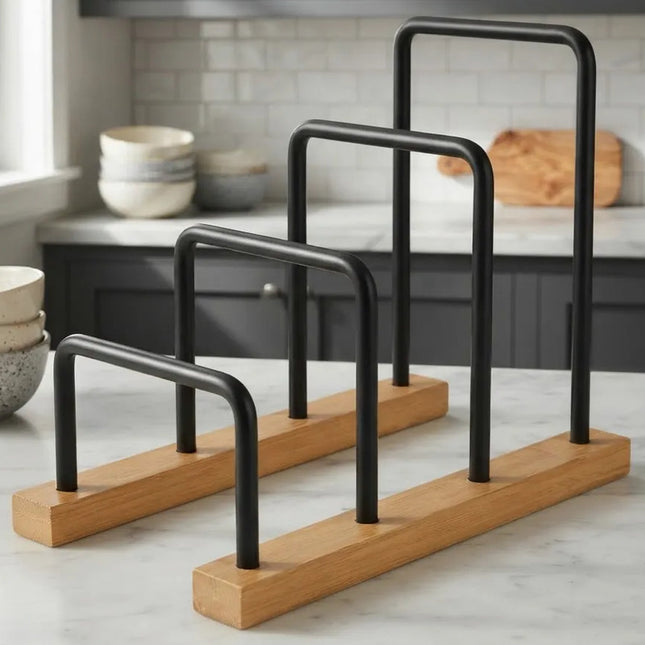 Organizador De Acero Y Bambu  Para Tapas De Ollas Bandejas Madera