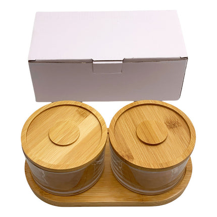 Frascos De Vidrio X2 Con Tapa De Bambú, Con Base De Madera,  Tra