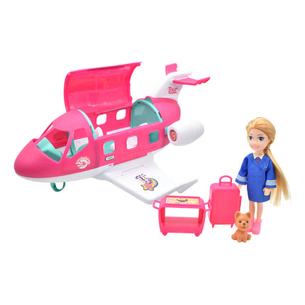 Muñeca Piloto Con Avion Y Accesorios Rosado
