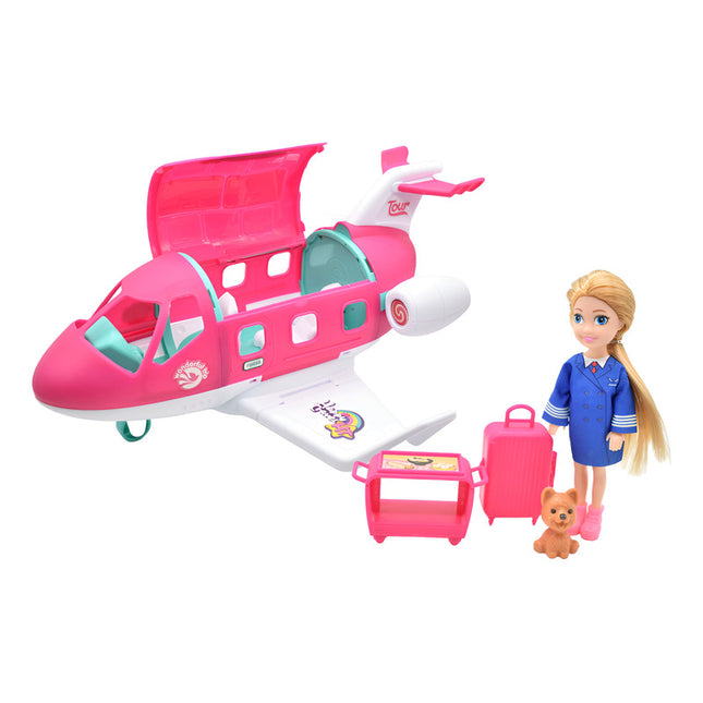 Muñeca Piloto Con Avion Y Accesorios Rosado