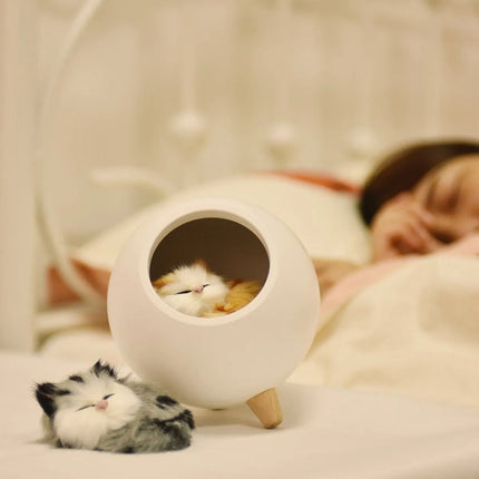 Lampara Veladora Gato Recargable Blanco Con Base De Madera Blanco
