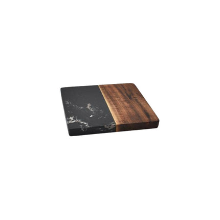 Posavasos Combinado De Madera Y Mármol 10x10cm. Madera Y Marmol Negro Y Madera