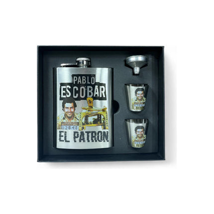 Petaca Metalica Diseño Escobar + 2 Shots V