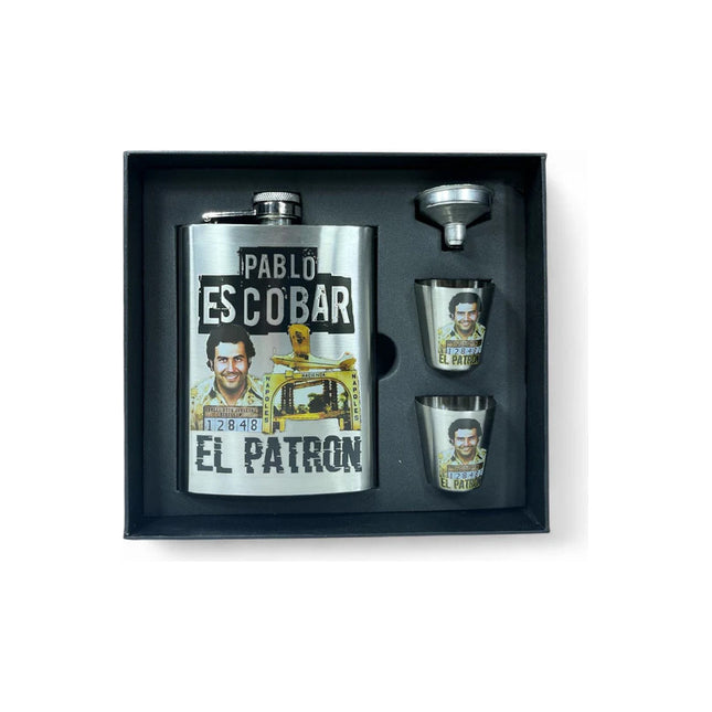 Petaca Metalica Diseño Escobar + 2 Shots V