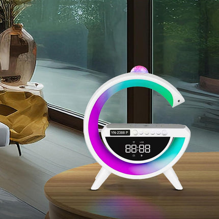Lampara Reloj Led Bluetooth Fm Aux Con Carga Qi Veladora Blanco