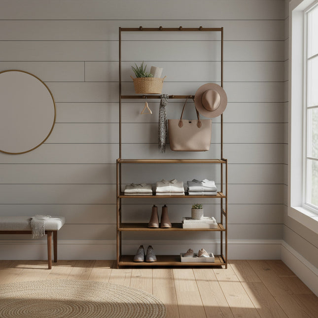 Estante Estanteria   Perchero Metal Y  Mdf Marrón