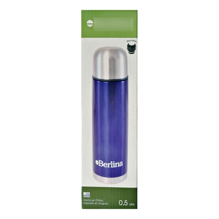 Termo 500cc Bala Color Azul, Pico Botón, Base Antideslizante Azul