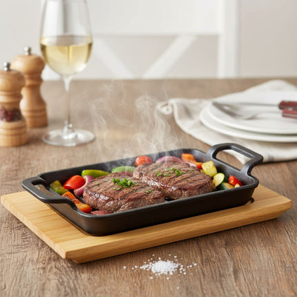 Plancha De Hierro Fundido Con Base De Madera Chw02982 Negro