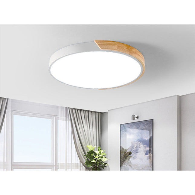 Plafon Led 30 Cm Metal Y Madera  Blanco Luz Amarilla Cálida Blanco