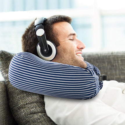 Almohada De  Viaje Varios Modos De Uso Forma U Gris, Azul, Negro Rayado