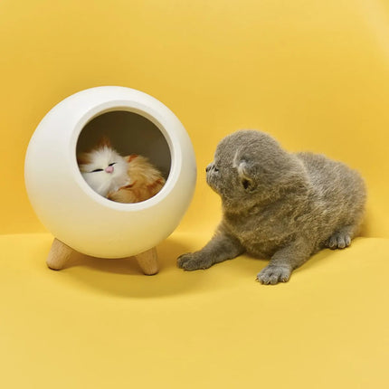 Lampara Veladora Gato Recargable Blanco Con Base De Madera Blanco