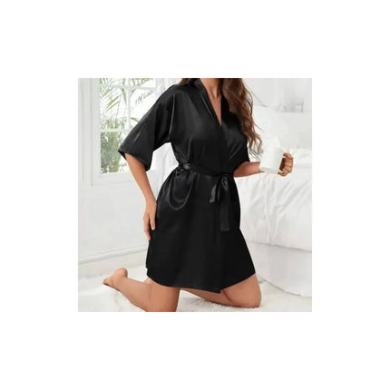 Bata Salto De Cama Satinada Con Cinturon Negro Xl
