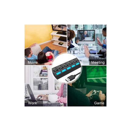 Hub De 7 Puertos Usb 2.0 Multi Cargador Con Interruptor Negro