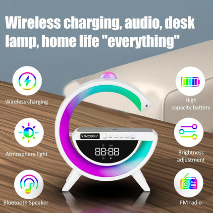 Lampara Reloj Led Bluetooth Fm Aux Con Carga Qi Veladora Blanco