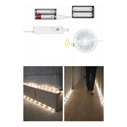 Tira Led A Pilas De Luz Fria + Sensor De Movimiento 3m Blanco Frío