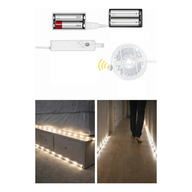 Tira Led A Pilas De Luz Fria + Sensor De Movimiento 3m Blanco Frío