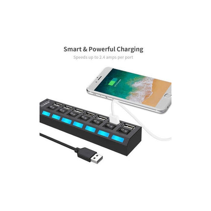 Hub De 7 Puertos Usb 2.0 Multi Cargador Con Interruptor Negro