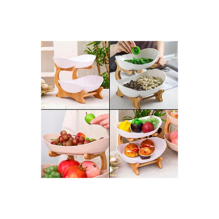 Frutero Bandeja 2 Niveles Con Base De Bambú Blanco