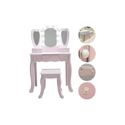 Mueble Tocador Infantil De Madera Con Luces Y Banco Rosa