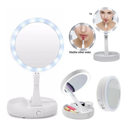 Espejo Redondo Luz Led Maquillaje Doble Plegable