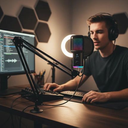 Microfono Condensador Gamer Rgb Streaming Brazo Usb Negro
