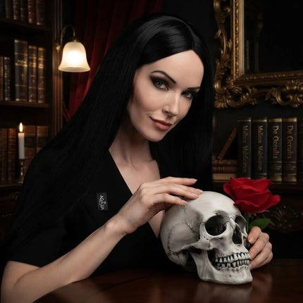 Peluca Larga Negra Lacia Tipo Morticia Negro Y Blanco