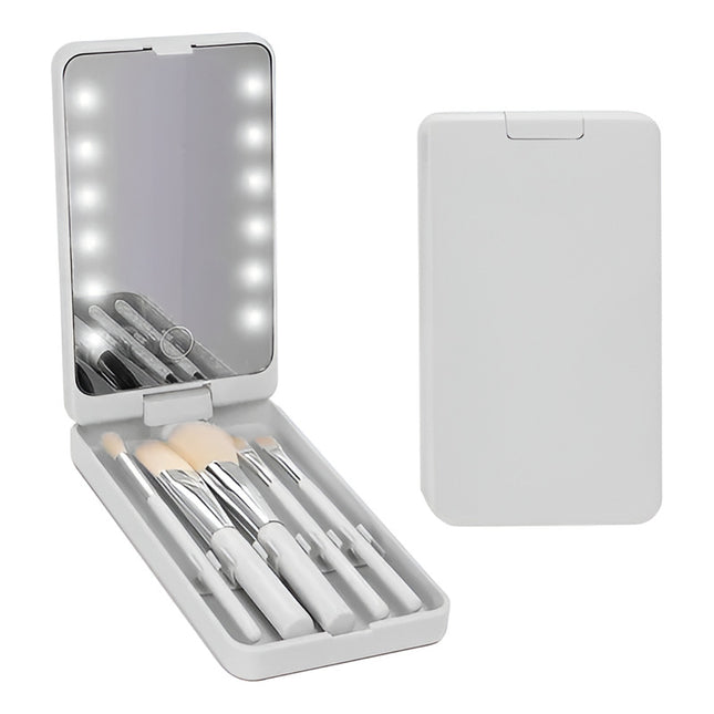 Set Pinceles Y Brochas Maquillaje Estuche Y Espejo Luz