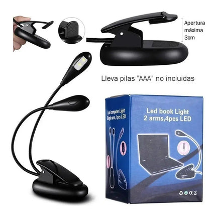 Lampara Led Doble Con Pinza Leer Libros Atril Partituras  Negro
