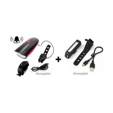 Pack Luces Para Bicicleta Delantera Con Bocina + Trasera Usb