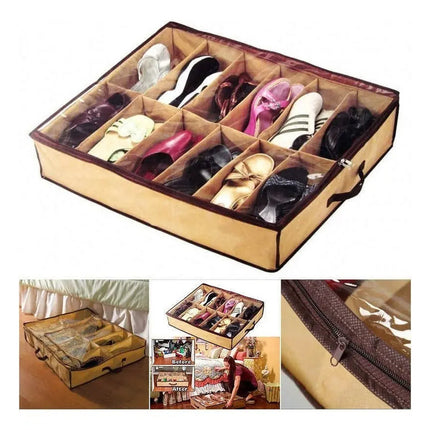 Zapatera De Tela  Bajo Cama Organizador Zapatos Beige Con Ribete Marrón
