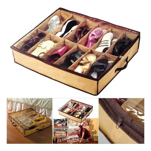 Zapatera De Tela  Bajo Cama Organizador Zapatos Beige Con Ribete Marrón