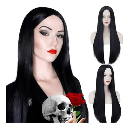 Peluca Larga Negra Lacia Tipo Morticia Negro Y Blanco