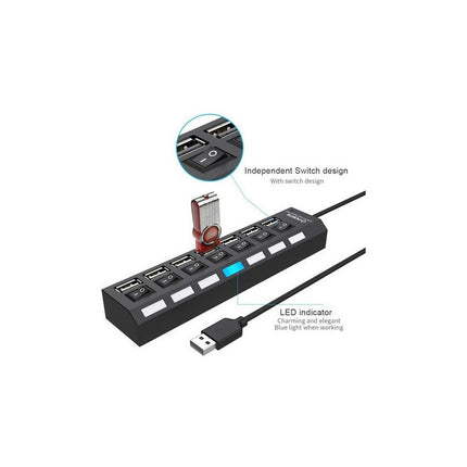 Hub De 7 Puertos Usb 2.0 Multi Cargador Con Interruptor Negro