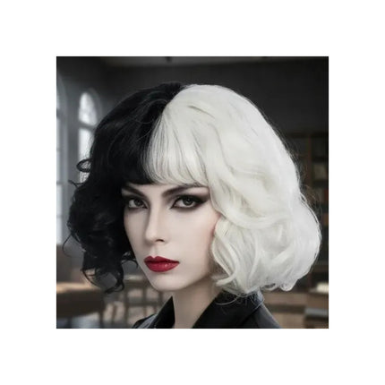 Peluca Tipo Cruella De Vill Para Disfraz Negro Y Blanco