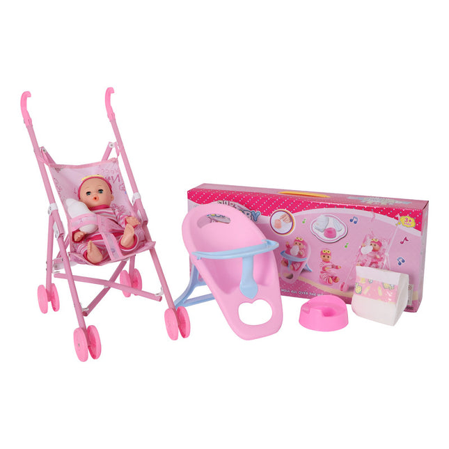 Bebe Con Coche, Silla Y Pelela - 35 Cm Rosado