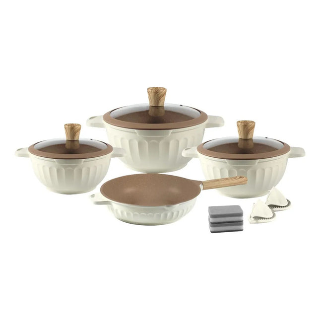 Juego De Ollas 11pcs Aluminio Cerámico Antiadherente Granito Beige